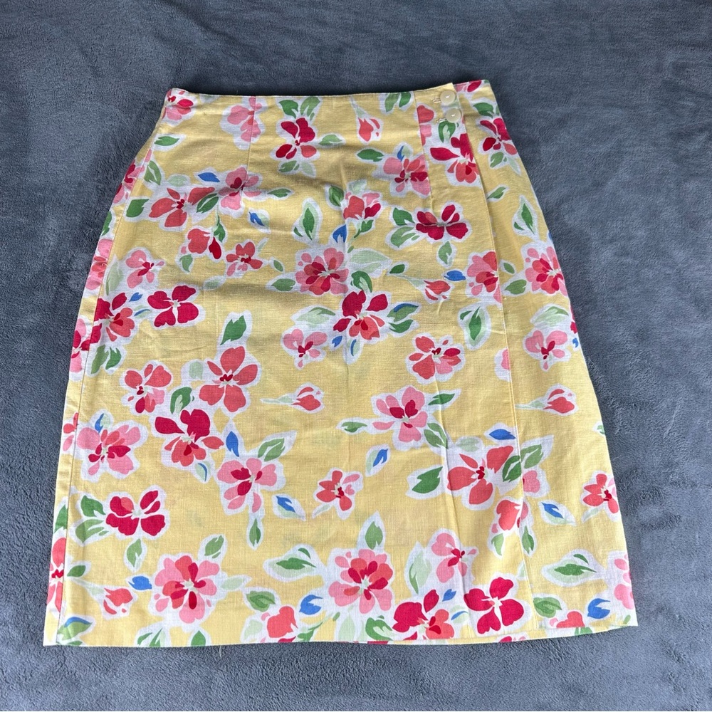 Talbots Floral Wrap Skirt Womens 8 Yellow Pink‎ Tropical Linen Cotton Blend